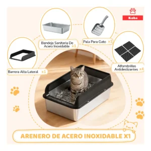 Arenero Gatos Grande Michis Baño Sanitario Acero Inox Con Pala Color Negro Marca KOBA